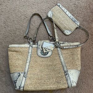 Coach Straw Hampton Tote and Wallet with Black Zebra Print Interior